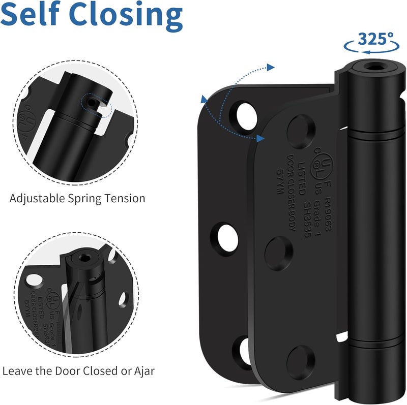 IOQ 3.5 Inch Self Closing Door Hinges, 5/8" Radius Corners Spring Loaded Hinges for Interior Door, Bedroom, Pantry Door, UL Listed, for Left and Right Hand Door, Matte Black, 4 Pack - Image 4